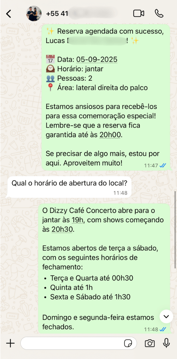 Mensagem clara e detalhada de confirmação da reserva